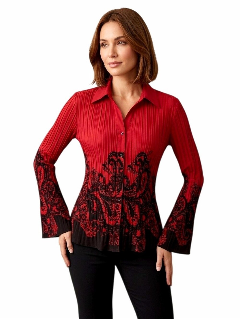 Nue Options Petite M Pleated Red Button-Front Long Sleeve Top Paisley Print
